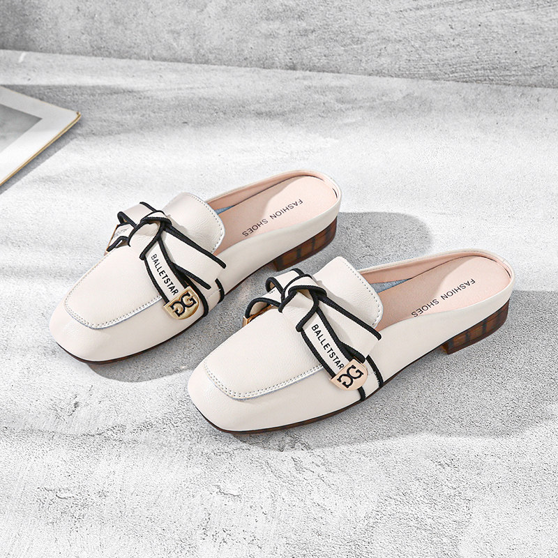 Baotou Half slipper female Summer outwear genuine leather Fashion butterfly knot low heel Bull Fascia Soft Bottom Slippers without heel Lazy Shoes