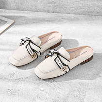 Baotou Half slipper female Summer outwear genuine leather Fashion butterfly knot low heel Bull Fascia Soft Bottom Slippers without heel Lazy Shoes