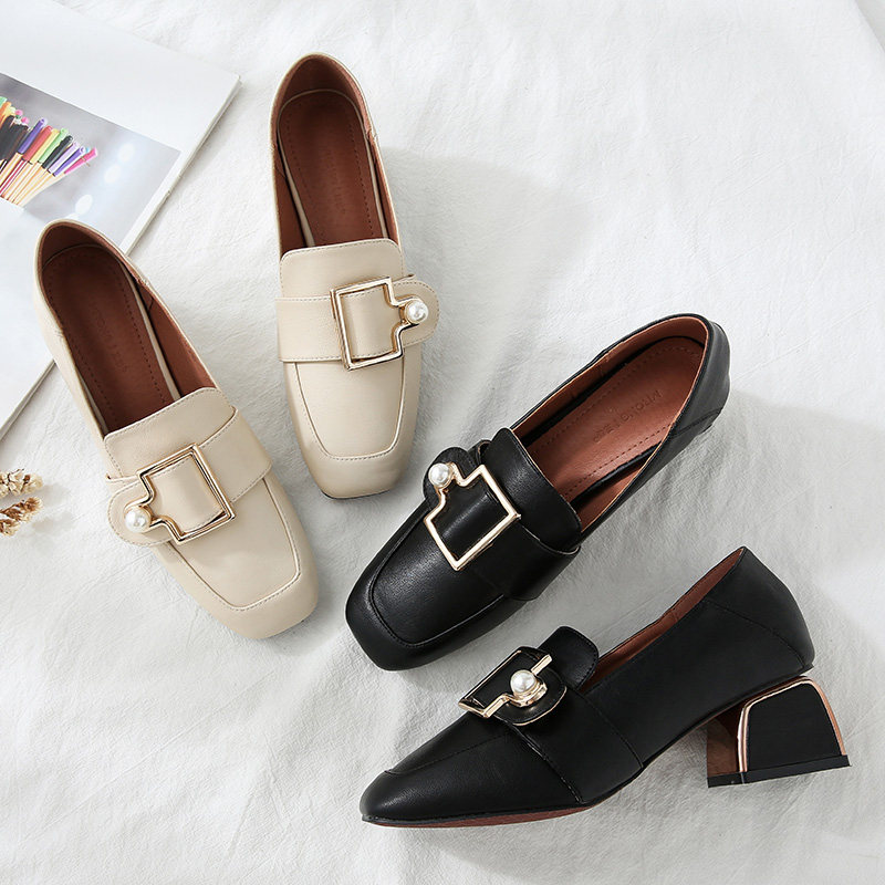 Coarse heel single shoe woman 2022 Spring paragraph 100 lap 1 foot pedal small leather shoes net red Inn square head pearl with Lefos shoes