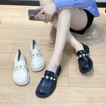 Round Head Small Leather Shoes Woman Small Crowd Design Sensation Pearl White Lefu Shoes Women Genuine Leather Coarse Heel Single Shoes Gentle Matching Dresses