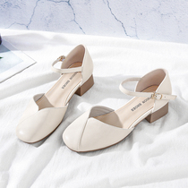 Baotou sandal Girl with high heel shoes 2022 new summer hollow square head coarse heels Fairy Shoes Gentle single shoes