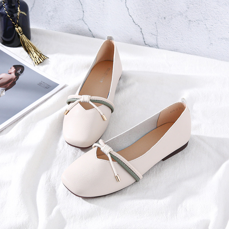 2022 Spring Festival single shoes female low heel small fragrant wind flat heel Shallow Mouth bean Bean Shoes Bull Gluten Bottom Soft Bottom Comfortable Flat Bottom Shoes