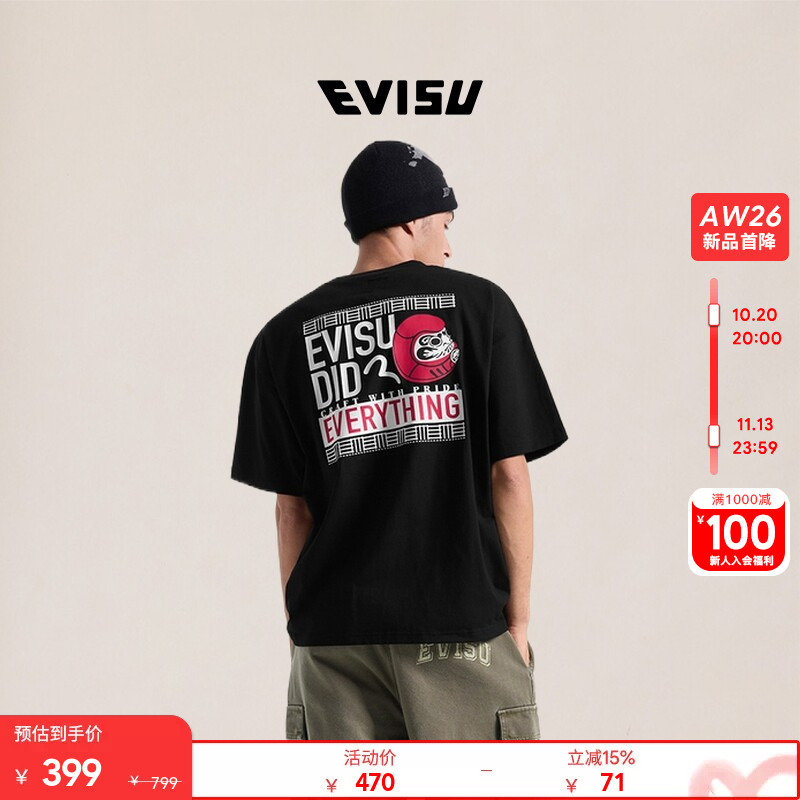 Evisu 2026 Autumn New Men's Pure Cotton Slogan and Daruma Print American-Style Loose Casual Short-Sleeve T-Shirt Evisu 2026 Autumn New Men's Pure Cotton Slogan and Daruma Print American-Style Loose Casual Short-Sleeve T-Shirt