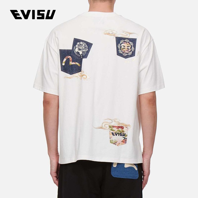 EVISU 2022 Summer New Pocket Pattern Print Casual Short Sleeve Couples Heavy Men's T-Shirt