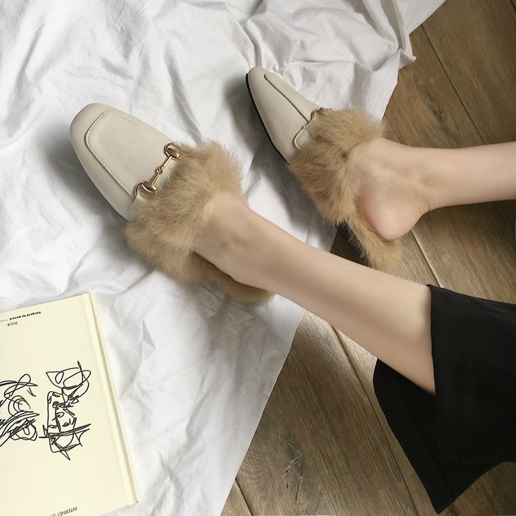 Thu đông 2018 phiên bản mới của Hàn Quốc với đầu vuông bằng kim loại khóa đáy bằng lông thỏ bằng nửa dép lê phụ nữ ra khỏi giày Baotou Mueller thủy triều dép hot