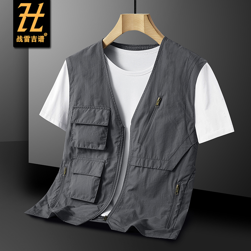 Quick-Drying Men's Work Vest, New Spring and Autumn Ultra-Light Sports Casual Multi-Pocket Vest, Collarless Large Size Vest