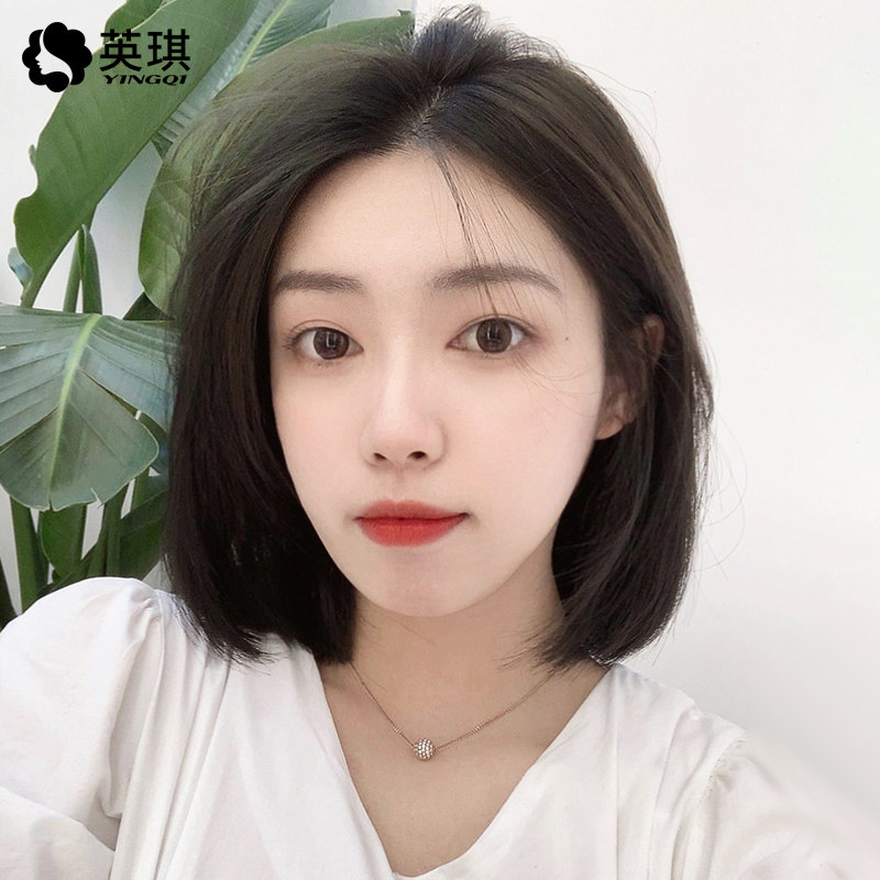 Yingqi wig woman short hair lace in the real hair temperament bobo head wig set full head cover round face trim face