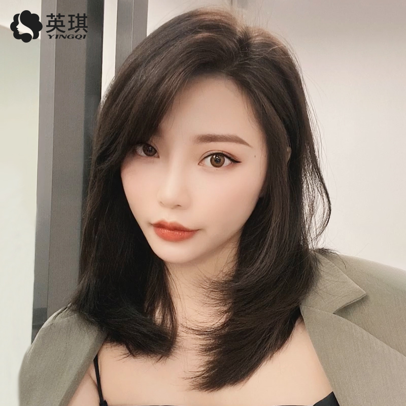Yingqi wig woman's medium long hair is divided into bangs fluffy collarbone hair all true natural real hair head cover Korean hairstyle woman