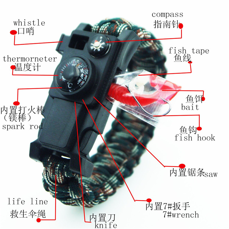 Outdoor courting equipment with knife umbrella rope Handmade multifunctional bracelet Compass Thermometer to be resistant to fire and stone