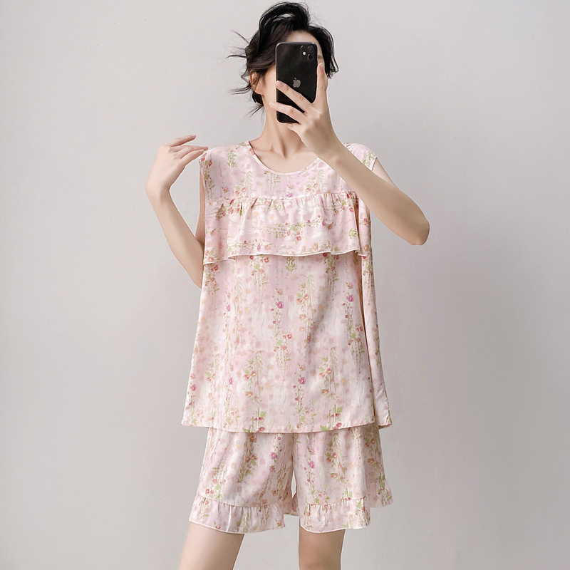 Young People's Cotton Silk Pajamas Women's Summer Vest Shorts Anti-Bulge Girl's Sleeveless Cotton Silk Artificial Cotton Suit
