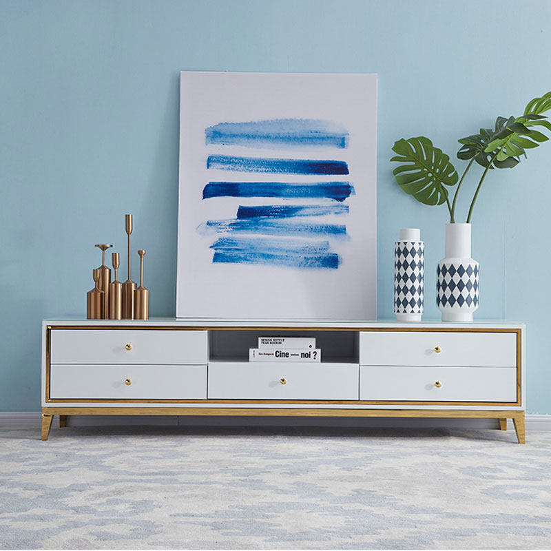 Light luxury gold-plated coffee table TV cabinet combination Living room post-modern minimalist stainless steel black and white paint floor cabinet storage