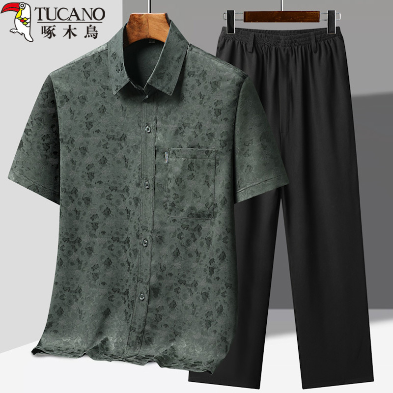 Woodpecker Summer Daddy Clothing Containing Mulberry Silk Short-Sleeved Shirt for Middle-Aged and Elderly Men Loose Casual Grandpa Shirt Suit