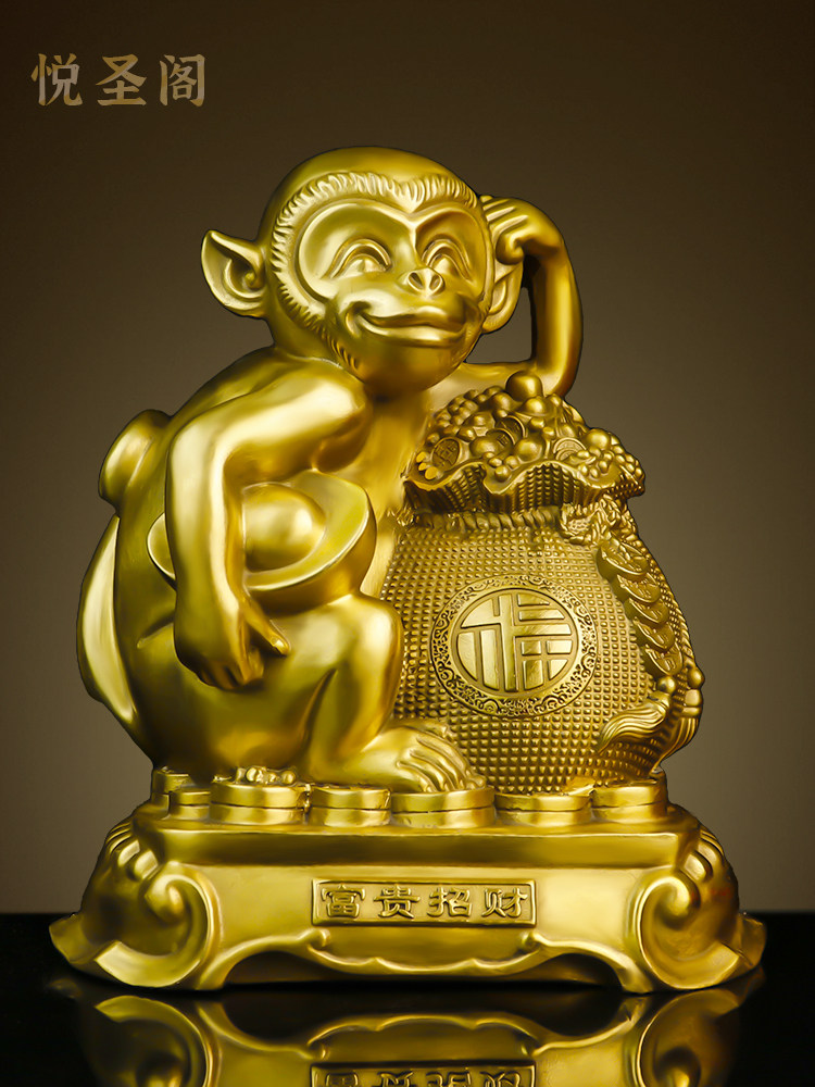純真鍮製の猿の置物、宝物を供える金色の猿、青銅製の猿、幸運の猿の袋、リビングルームやオフィス用の猿、表紙に象、十二支の猿の1匹。
