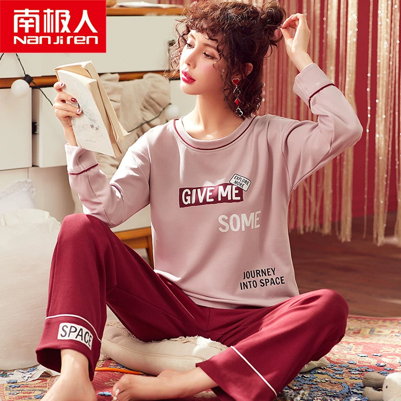 Nam cực pyjama nữ mùa xuân và mùa thu bông tay dài dễ thương có thể được mặc bên ngoài quần áo ở nhà hai mảnh phù hợp với mùa hè cotton - Cha mẹ và con