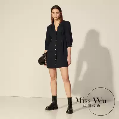 Sandro Farpa summer 2021 new commuter pleated waist V-neck bubble sleeve sleeve short dress