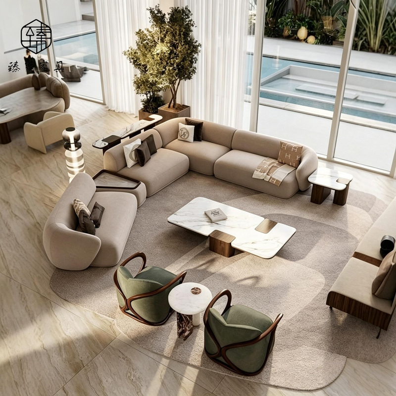 Italian-Style Minimalist Hotel Lobby Lounge Area Reception Sofa Cream-Style Beauty Salon Model Room Corner Sofa