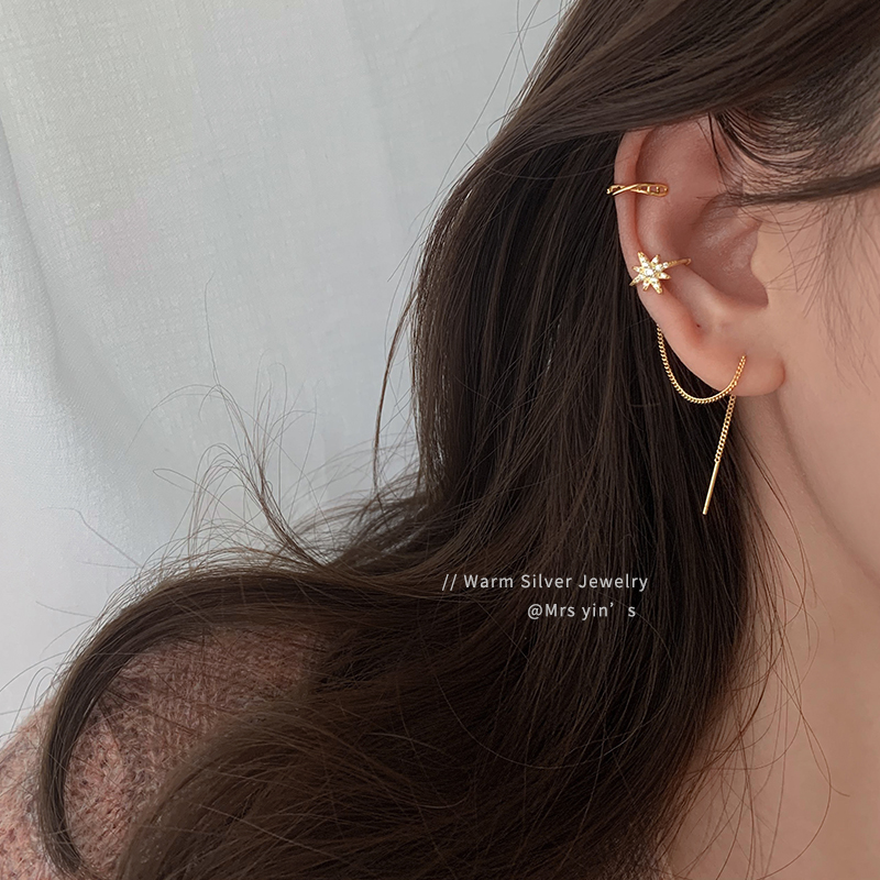 Xiaobao 925 silver flashing diamond star ear clip ear line simple design niche temperament female earrings 2022 new trend