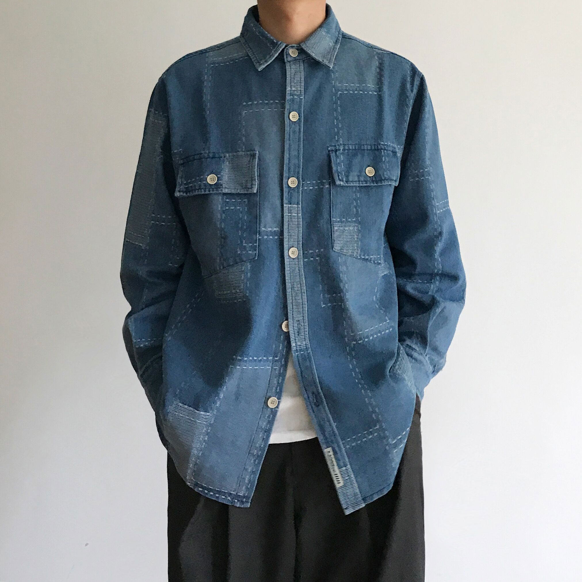 youyifan day family retro frock blue shirt men's port wind juvenile sensation long sleeves ruffin handsome original accommodation