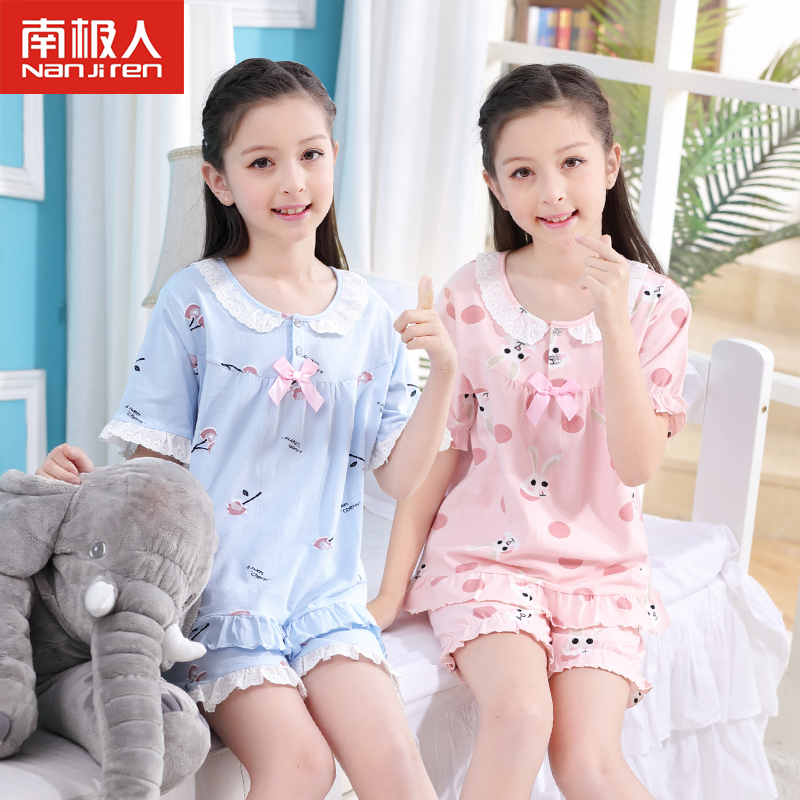 Children's pajamas girls two pieces of pure cotton 5 summer sleeves 3 thin 12 - year - old girl's 15 - year - old home clothes princess