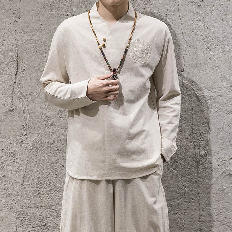 秋季中国风男装复古民族风汉服套装青年中式服装棉麻禅修服两件套