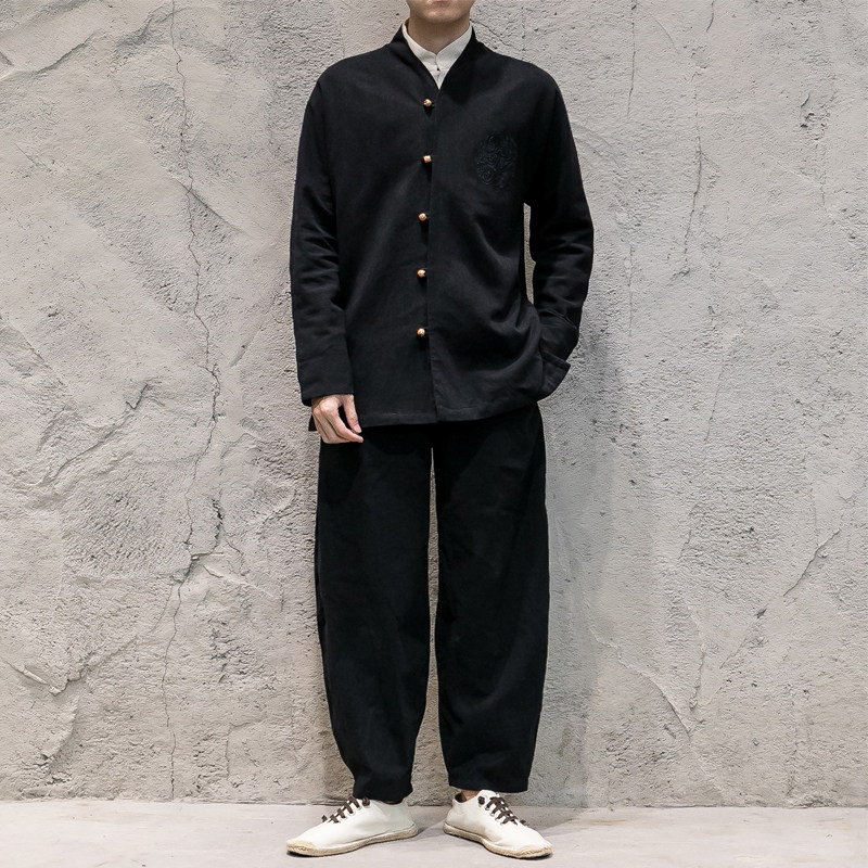 春季中国风男装刺绣中式汉服棉麻套装复古民族风禅修居士服两件套