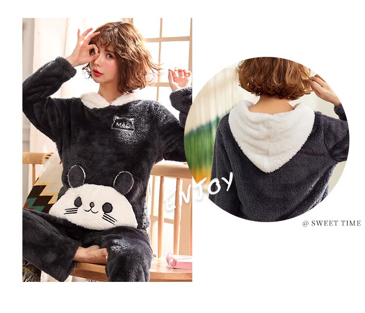 Đồ ngủ nam cực nam san hô lông cừu mùa thu và mùa đông dày flannel cộng với nhung nữ Hàn Quốc dịch vụ nhà ấm áp - Bên ngoài ăn mặc những bộ jumpsuit đẹp nhất