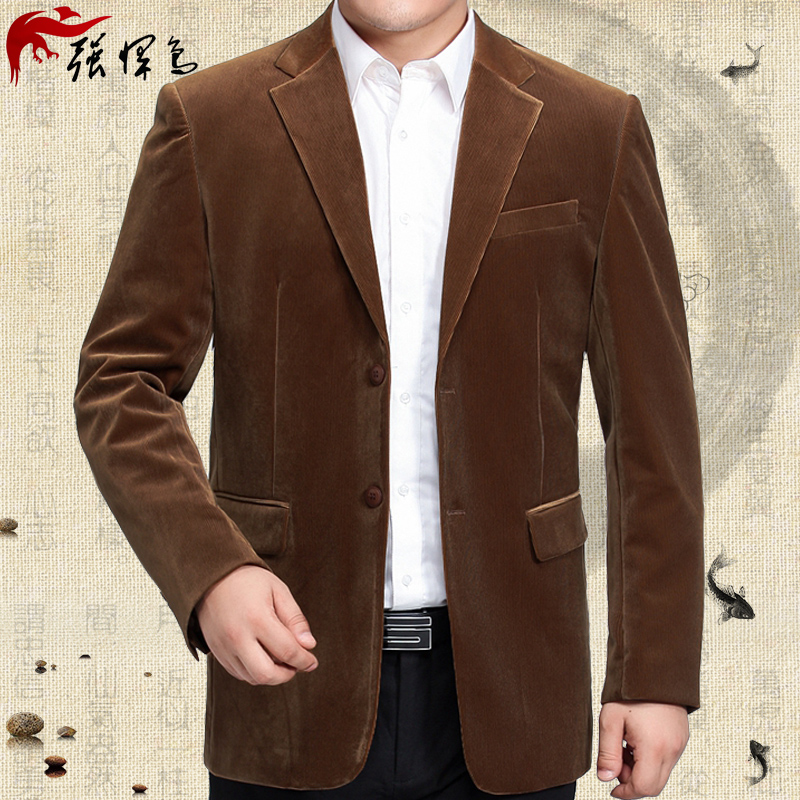 Spring Autumn Single West Middle Aged Western Clothing Male Style Casual Blouse Middle-aged Men Strip Suede Suit Jacket Pure Color Dad Dress