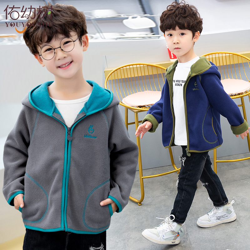 Children's clothing Children's fleece sweater Boys jacket hooded 2021 autumn new baby Foreign school fleece top tide