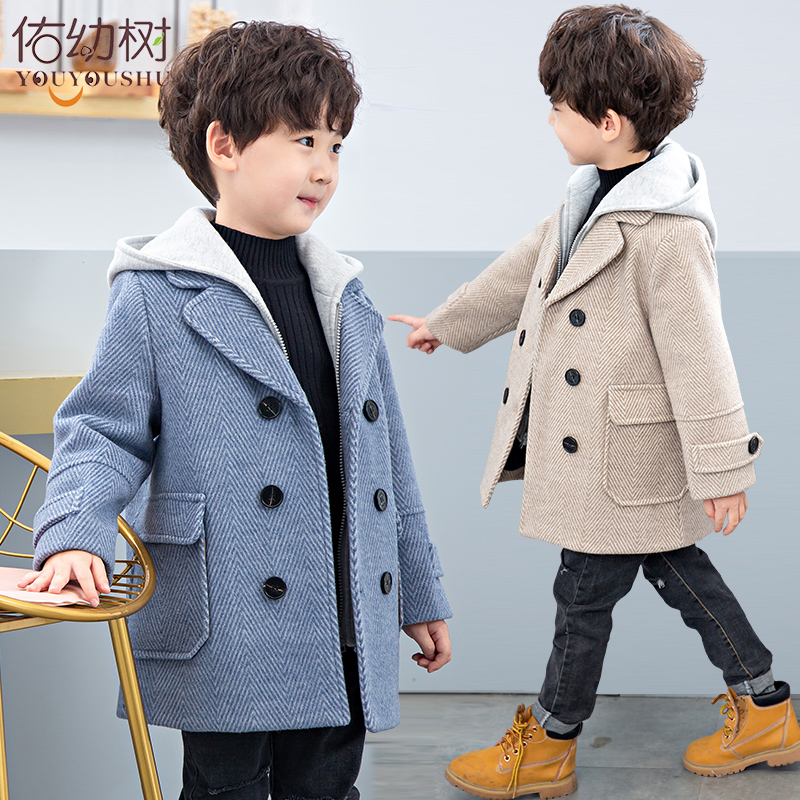 Boys' tweed coat woolen coat foreign atmosphere winter wear 2021 autumn winter new children's clothing baby children's knit hood