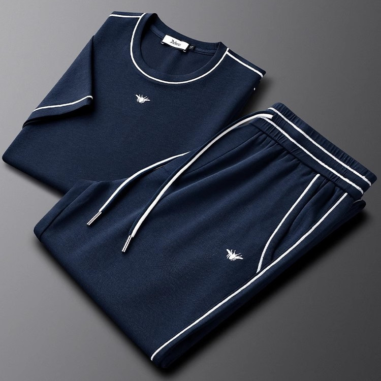 High-End Modal Cotton Casual Sports Suit for Men, Summer Thin Style, Trendy Bee Embroidery, Slim Fit Two-Piece Set for Men