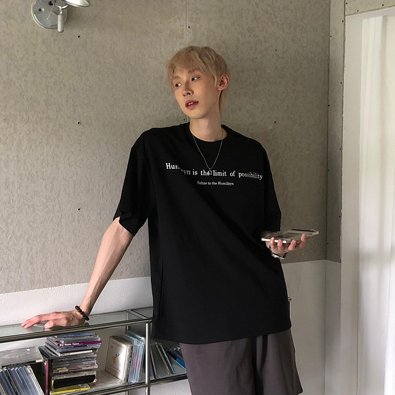 Humilityn Summer Heavyweight 280g Floral Gray Letter Slogan Short-Sleeve Crew Neck T-Shirt Trendy Brand Loose Fit Unisex