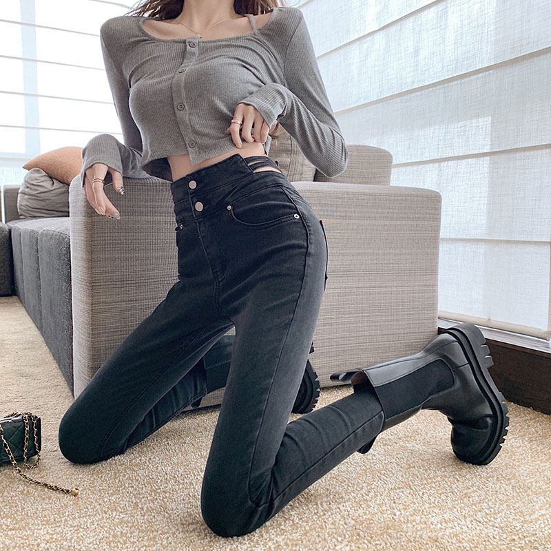 High waist small feet women's autumn and winter new slim slim stretch Korean edition smoke gray skinny jeans women with boots