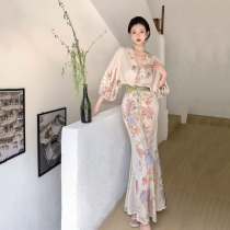 Fan-style long sleeve sexy cashew with slim temperament even dress 2022 new female summer design feeling small crowdskirt