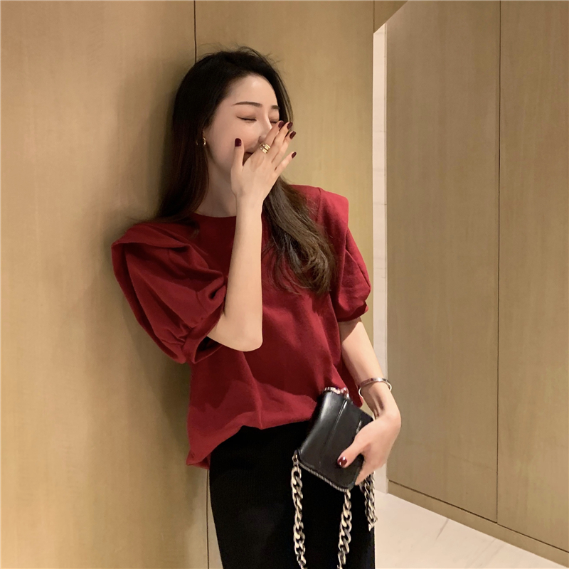 Bubble Cuff Red Blouse Women Summer Thin 2022 New design Sensation Little Crowd Easy short sleeves Don't make a T-shirt