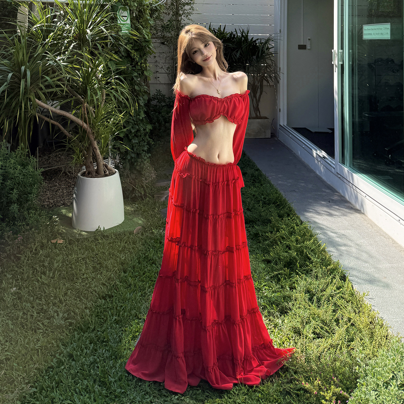 Beautiful Vacation Outfits for Women at Sanya Beach: Red Off-Shoulder Top and High-Waisted Long Skirt Set, Pure and Alluring