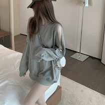 Korean version of loose long sleeve womens coat autumn and winter 2021 New lazy wind off-shoulder zipper round neck sleeve women