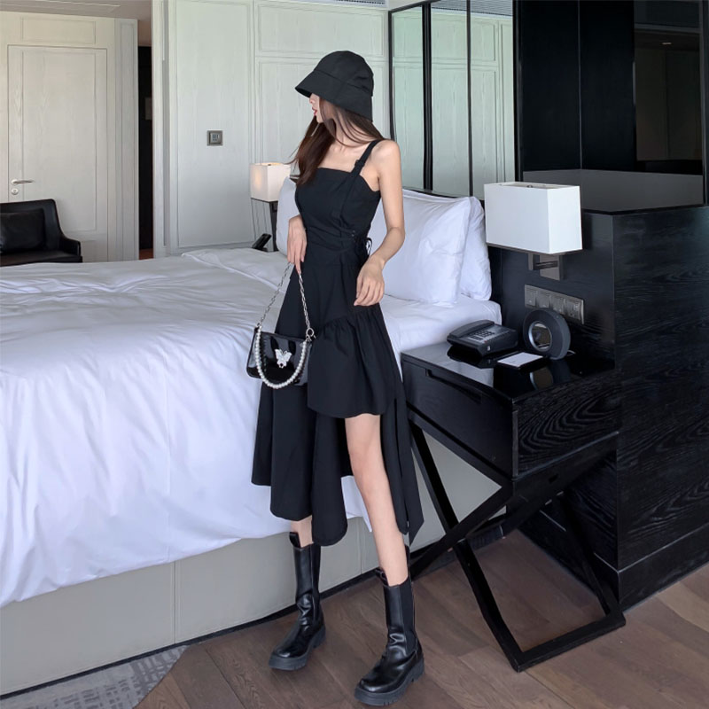 Dark Black Fugitive Princess Petty Black Dress With Long Version Irregular Design Sensation Harness Foreign Dress Women 2022 New Summer