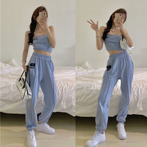 Blue sports pants womens loose tie pants children tide ins summer thin model 2021 New slim Joker casual pants