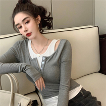 Base shirt female 2021 Spring New wear design feel wild slim short fake two-piece coat ins tide