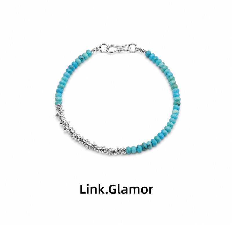 Linkglamor Original Design Natural Raw Mineral Hubei Turquoise 925 Handmade Silver Bracelet Chain Gift for Men and Women