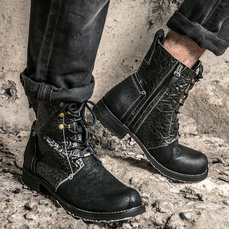 Know Clear Original Design Real Cow Leather High Cylinder Martin Shoes Man Retro Handmade Breathable Big Round Head Tooling Shoes