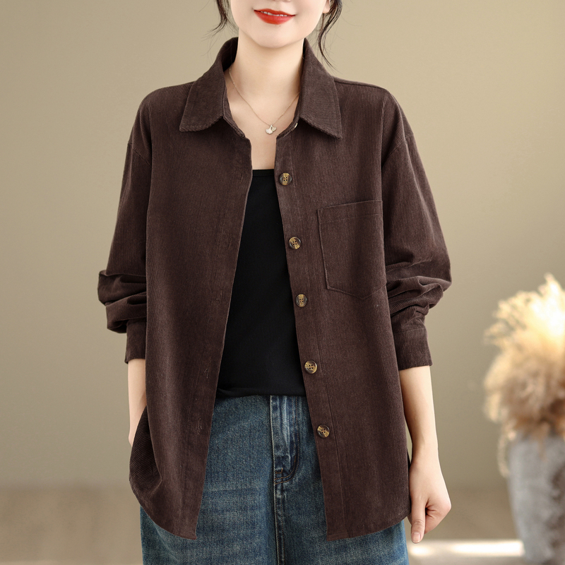 Pure Cotton Corduroy Shirt Jacket for Women, New Spring and Autumn Style, Large Size Shirt, Elegant Long-Sleeved, Loose Casual Top