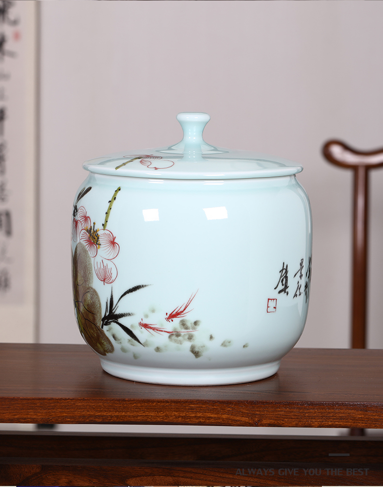 Jingdezhen checking ceramic white tea cake pu 'er tea pot store tea packaging large seal pot tea tea box cylinder