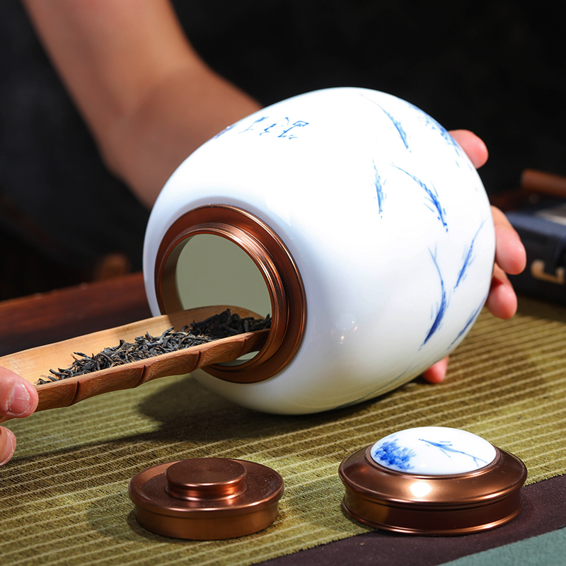 All checking ceramic tea pot of tea packaging storage tank metal cover double seal airtight jar of small POTS