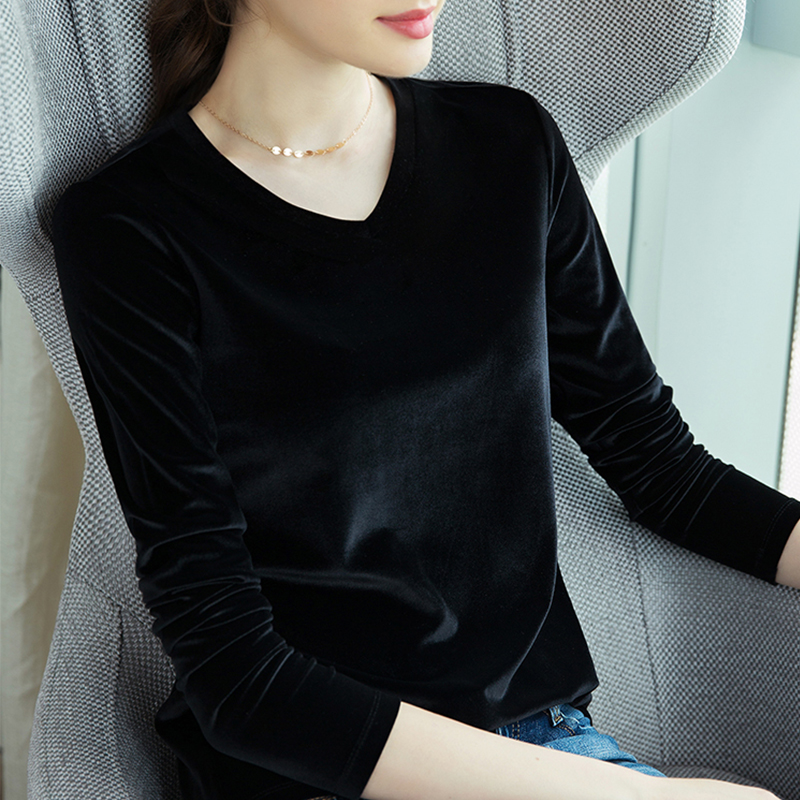 2022 Spring Dress New Gold Velvet Inner Hitch Long Sleeve T-shirt Woman V Collar Mid Sleeve Foreign Pie Sweatshirt With Lean Blouse