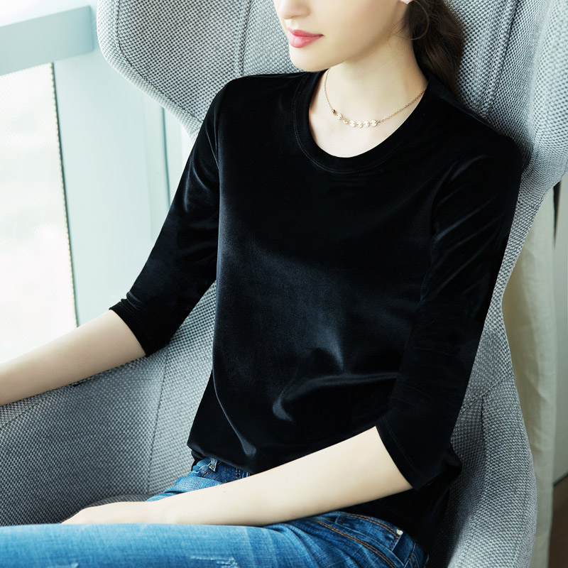 Nestled gold velvet middle sleeve T-shirt woman spring dress new display slim round collar black 50%-sleeve undershirt 70% blouse