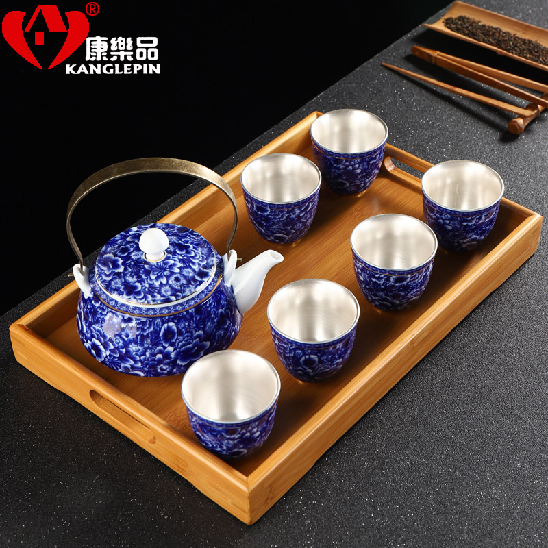 Recreational product is blue and white porcelain household ceramics coppering. As sterling silver 999 girder pot of tea cup teapot suits for bamboo tea tray tea set