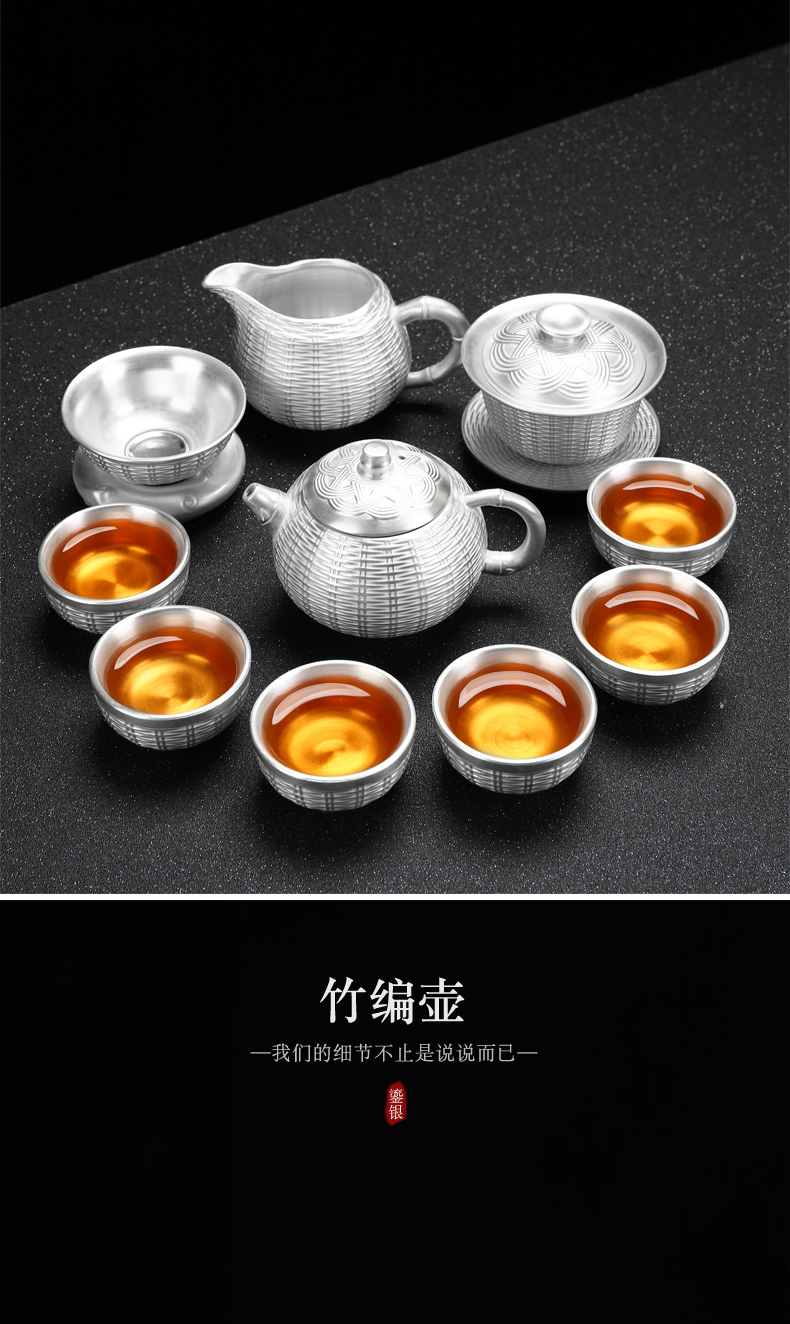 Recreational product tasted silver gilding kung fu tea set suit household contracted ceramic cup lid bowl silver tea service, 999