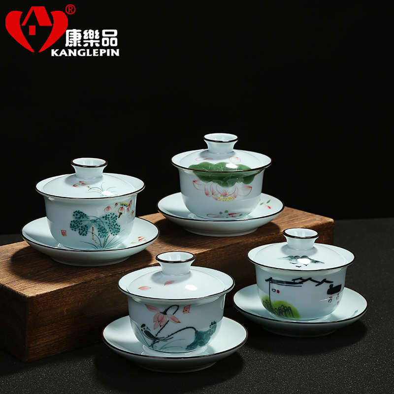 Recreational product ceramic tureen tea cups to use large kung fu tea set hand draw three bowl of tea celadon household