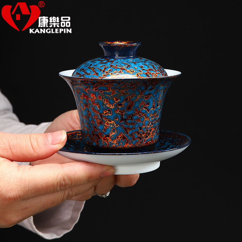 Recreational product lacquer suet jade three worship cup to make tea tureen ceramic ware manual big bowl with Chinese style